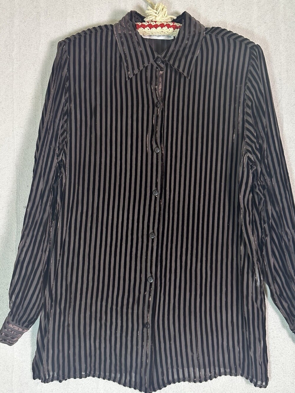 Jessica Holbrook Chocolate Brown Burnout Velvet Stripe Button Up  90’s Vintage M